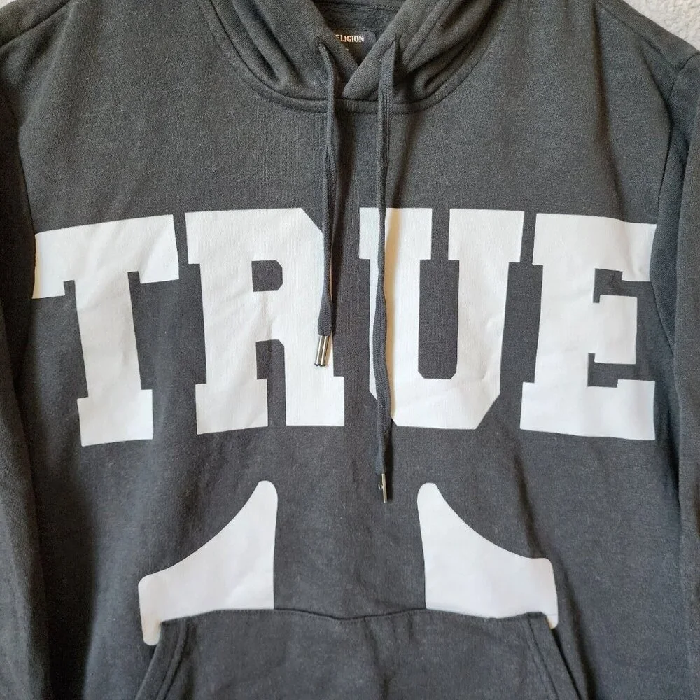 True Religion Black White‎ Spellout Pullover Drawstring Hoodie Size Large